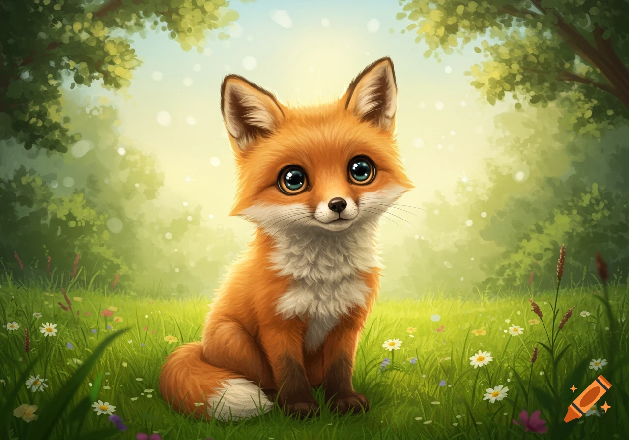 A cute, cartoon-style fox with big blue eyes sits in a grassy meadow under a sunny sky.
