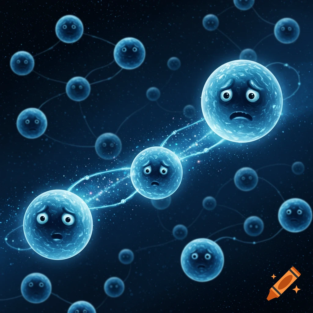 Blue, glowing, spherical entities with sad and worried expressions connected by shimmering lines against a dark, starry background.
