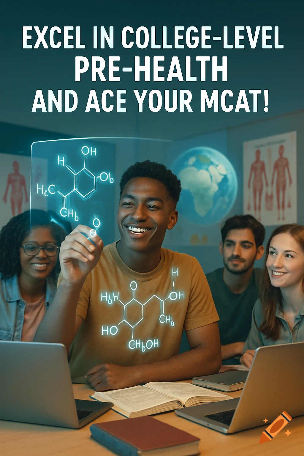 Diverse students studying, one interacting with a holographic chemical formula. Laptops and books are on the table. Text: 'EXCEL IN COLLEGE-LEVEL PRE-HEALTH AND ACE YOUR MCAT!'