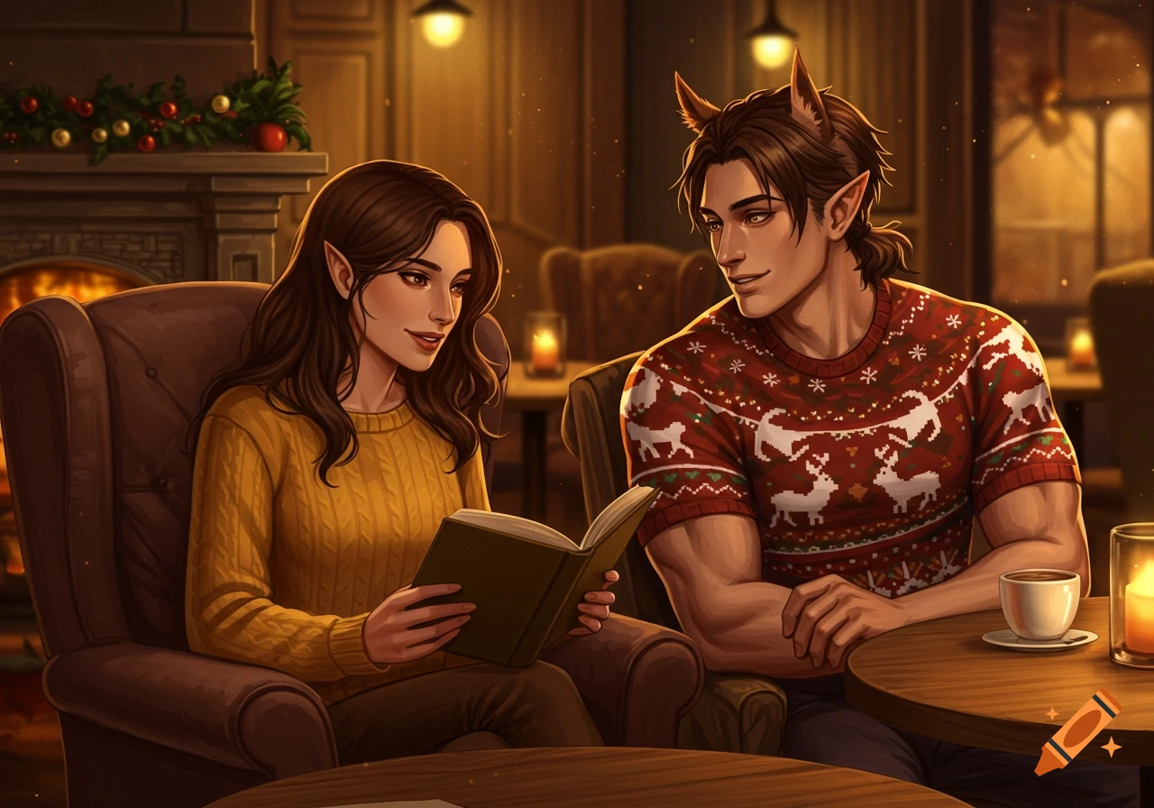 Cozy illustration of a woman reading and a man with pointy ears watching her in a Christmas cafe by a fireplace.