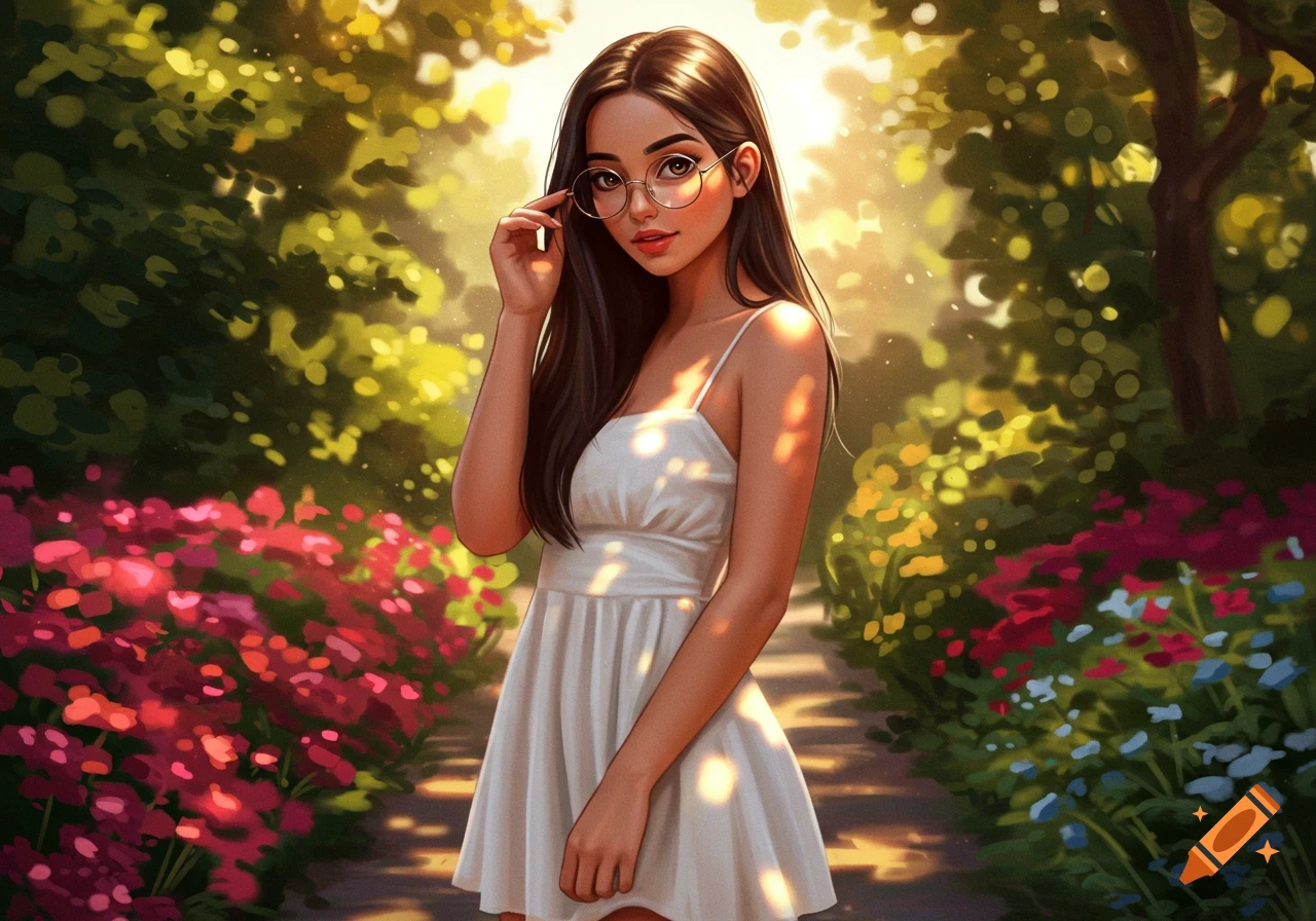 Digital art portrait of a young woman with long brown hair, round glasses, and a white dress, standing in a sunny garden.