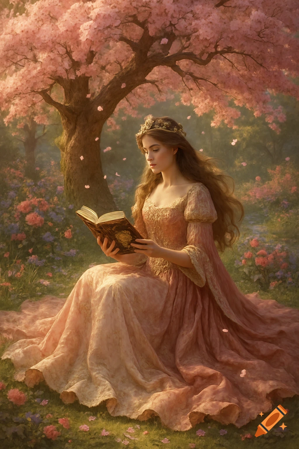 A princess in a pink dress reads a book under a blooming cherry blossom tree in a magical, lush garden. Painterly style.