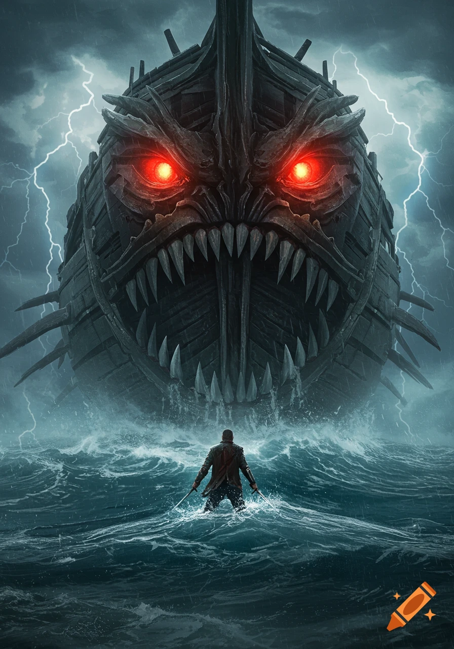 A man stands in a stormy sea, facing a massive monstrous ship with glowing red eyes and sharp metal teeth, as lightning strikes the dark sky.