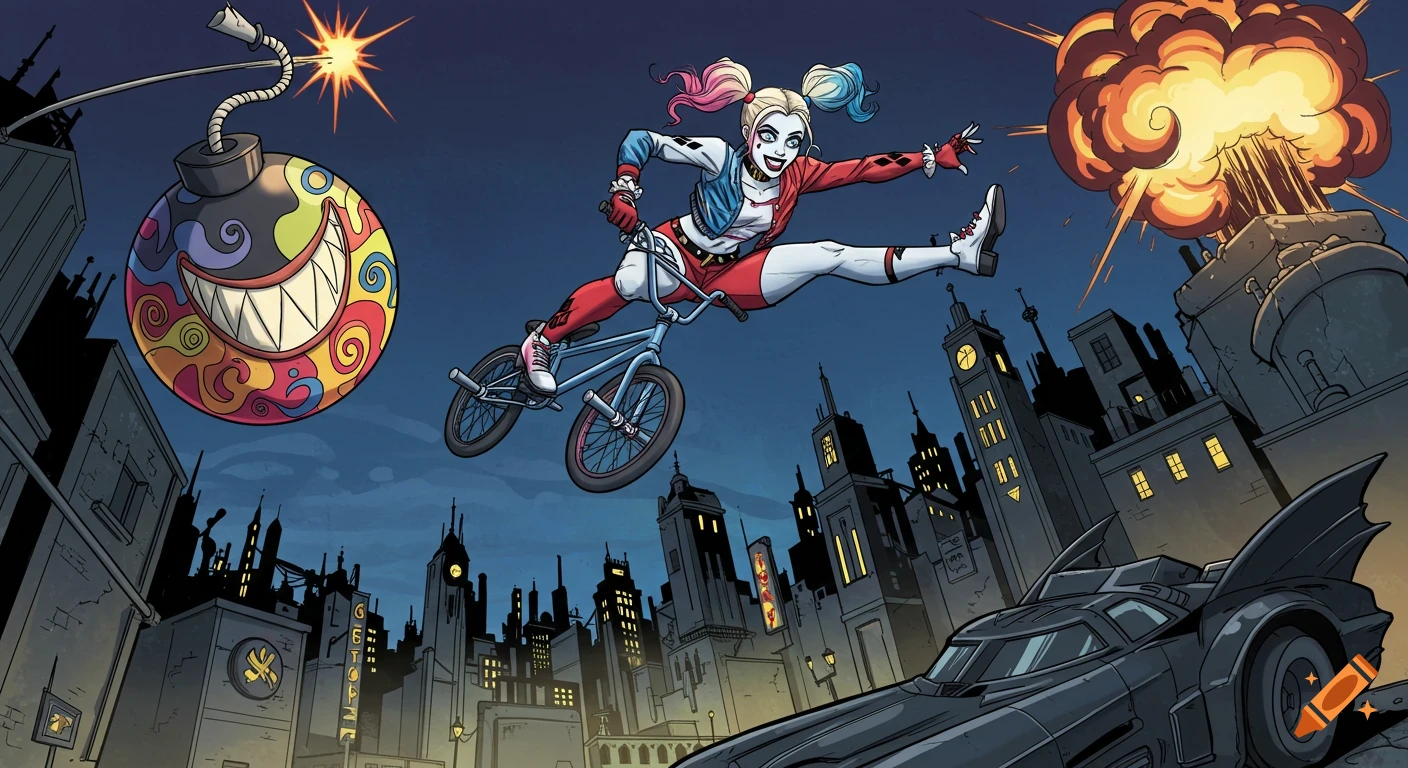 Comic-style art of Harley Quinn on a BMX bike mid-air over Gotham City, dropping a bomb onto the Batmobile.