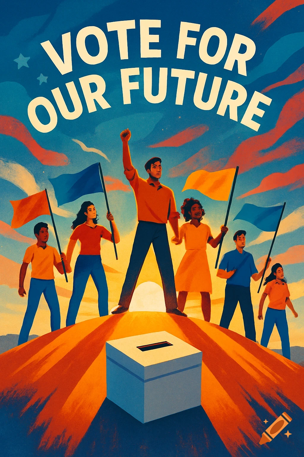 Vibrant illustration of diverse people holding flags on a hill with a ballot box, under a sky with 'VOTE FOR OUR FUTURE'.