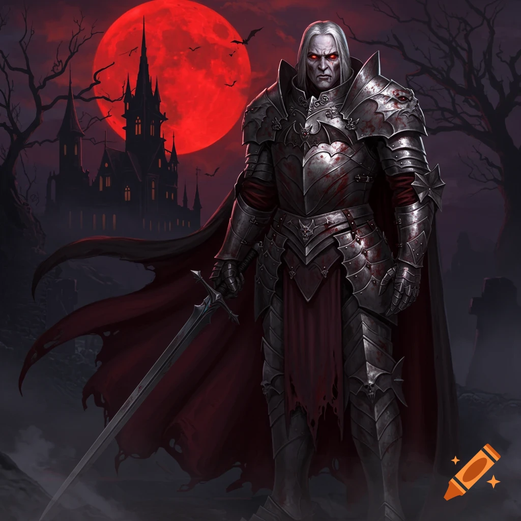 A fierce vampire lord in blood-splattered plate armor, holding a sword, stands before a dark castle under a large red moon.