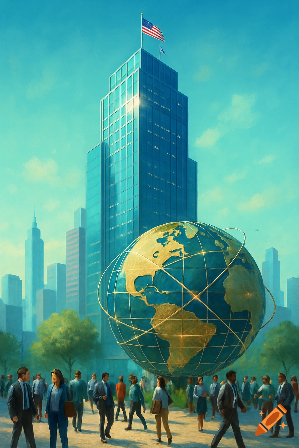 A stylized painting of a modern skyscraper with an American flag, a large globe, and business people walking in a city.