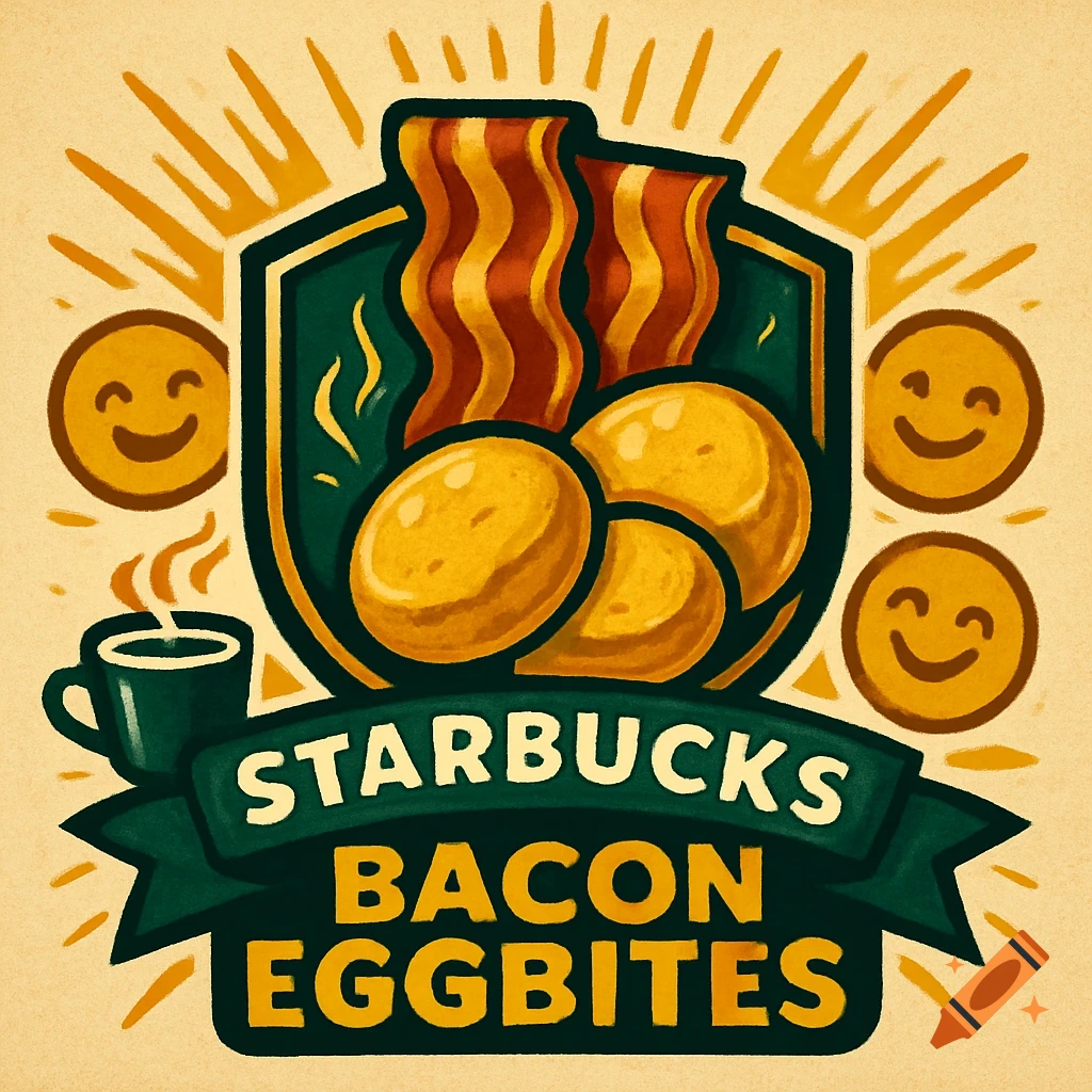 Stylized retro logo for Starbucks Bacon Eggbites with bacon strips, eggbites, a coffee cup, and smiling faces.