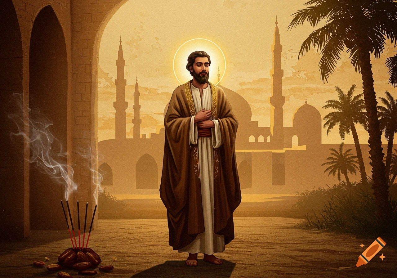 A robed holy man with a halo stands in a desert courtyard with mosques and palm trees. Incense burns nearby. Illustration.