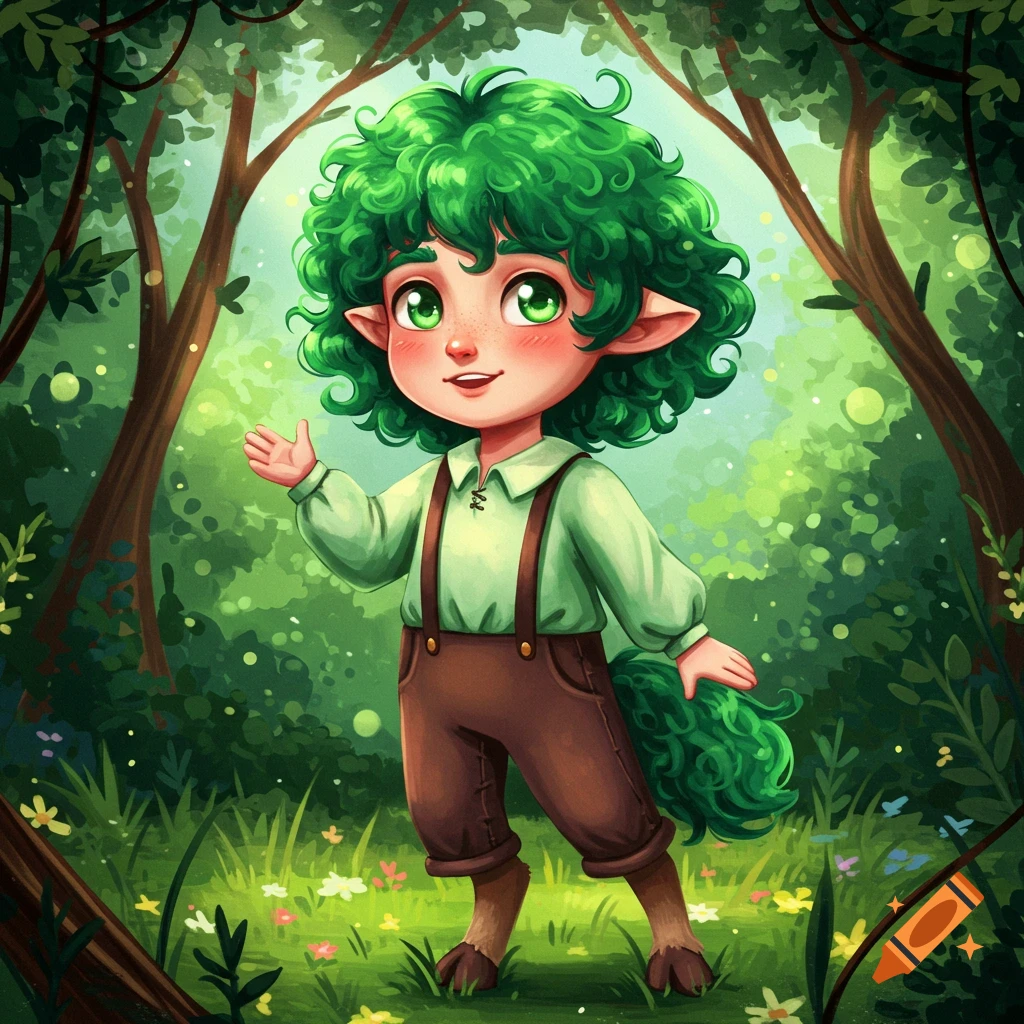 Whimsical cartoon illustration of a cute green-haired male forest creature with elf ears, hooves, and a tail, waving in a lush forest.