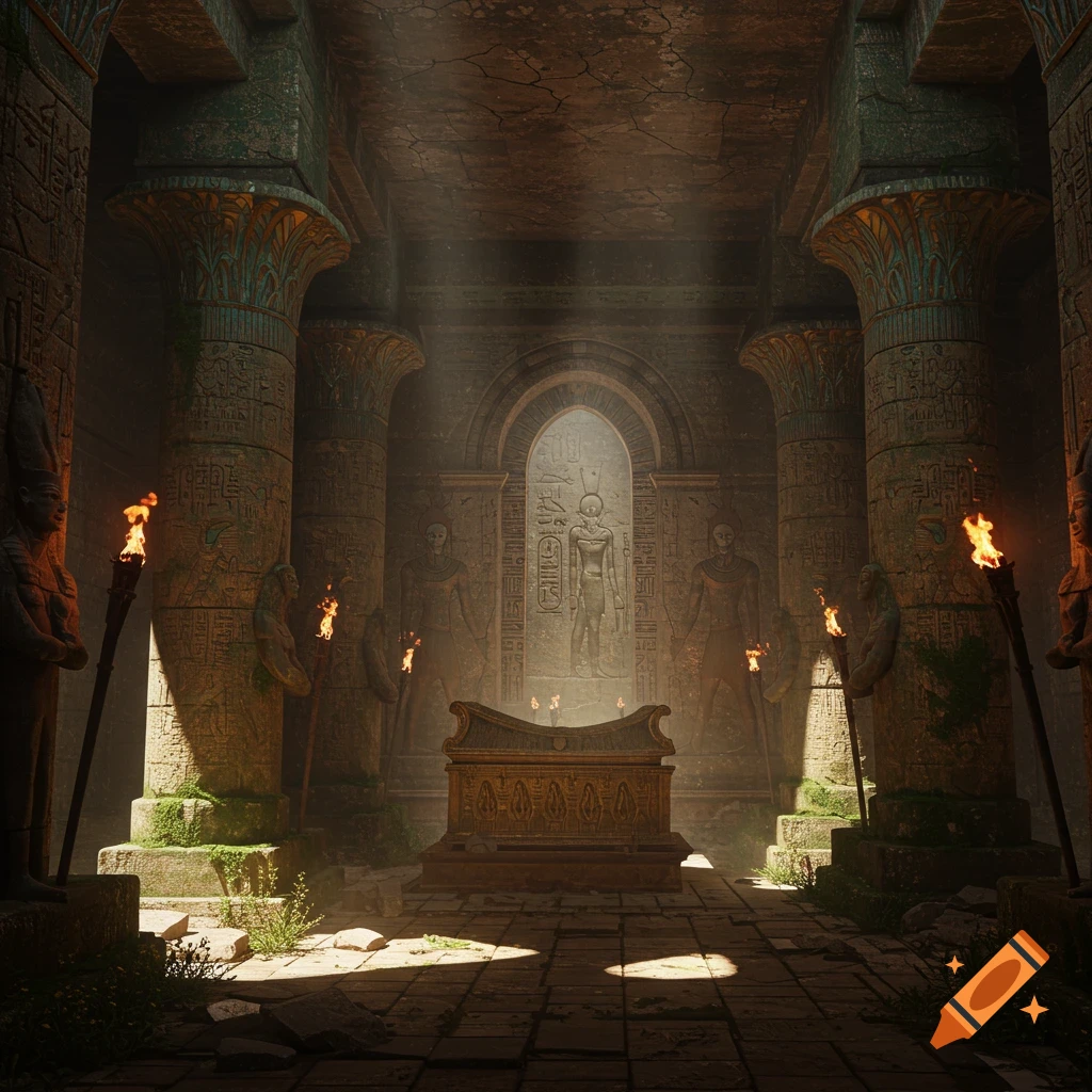 Photorealistic ancient Egyptian tomb interior with a sarcophagus, torchlit pillars, and hieroglyph-carved walls.
