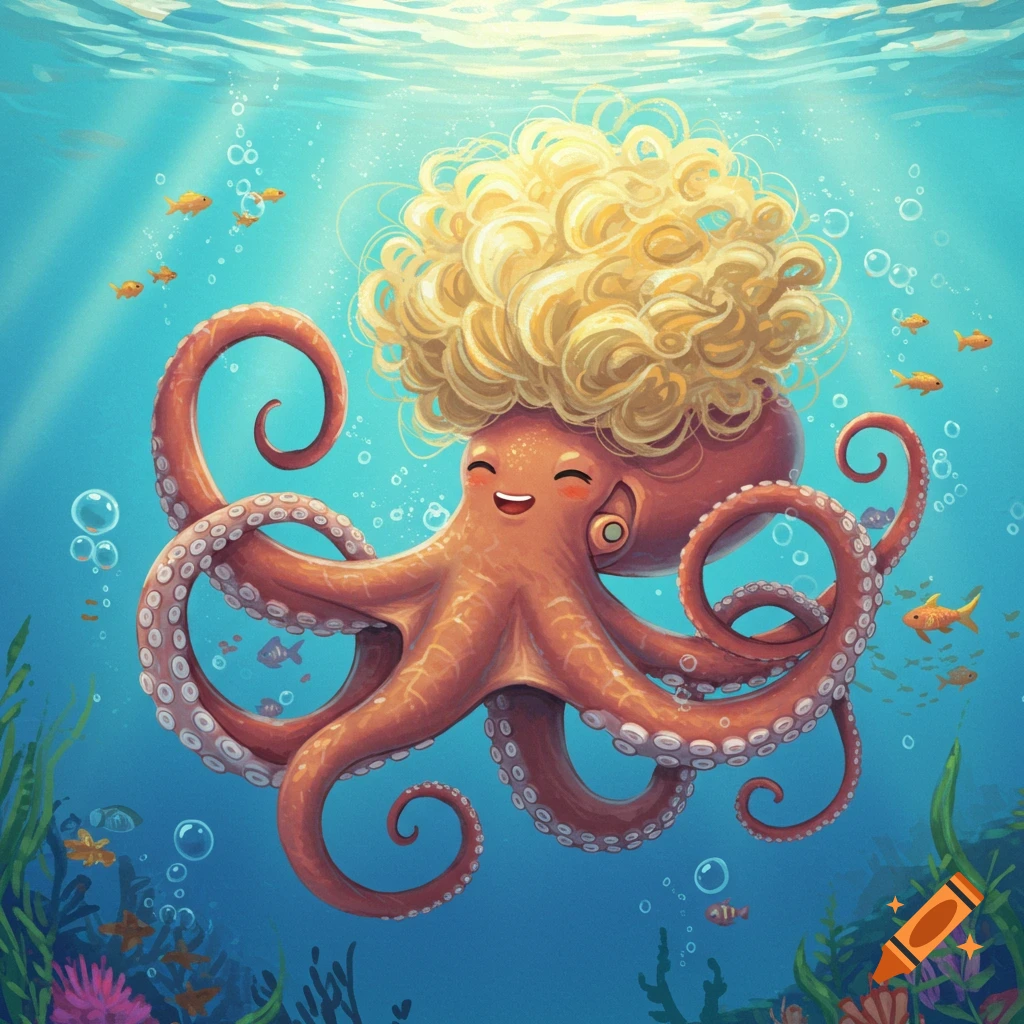 A vibrant cartoon illustration of a happy, smiling octopus with voluminous blond curly hair swimming underwater with small fish and seaweed.