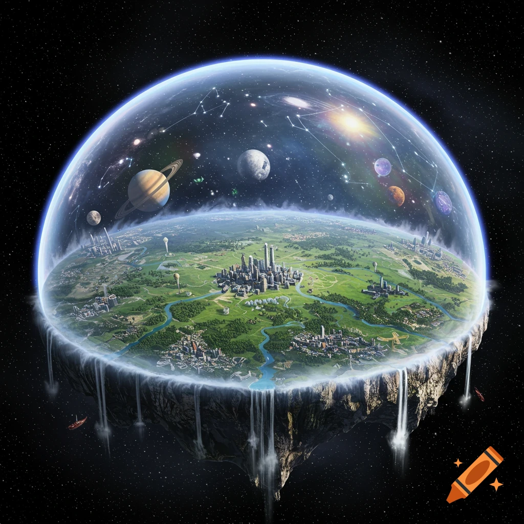 A detailed fantasy illustration of a flat Earth floating in space, covered by a clear dome. Inside are cities, rivers, green land, and planets and stars.