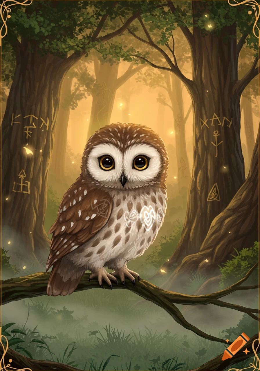 A stylized cute owl with large eyes perched on a branch in a misty, magical forest with glowing runes on trees.