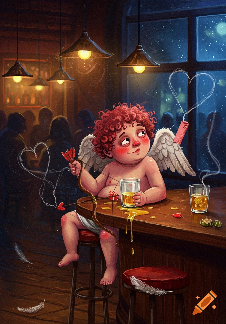 An acrylic painting of a cartoonish, red-haired Cupid looking sad and tipsy at a bar, holding a bow and a glass of whiskey.
