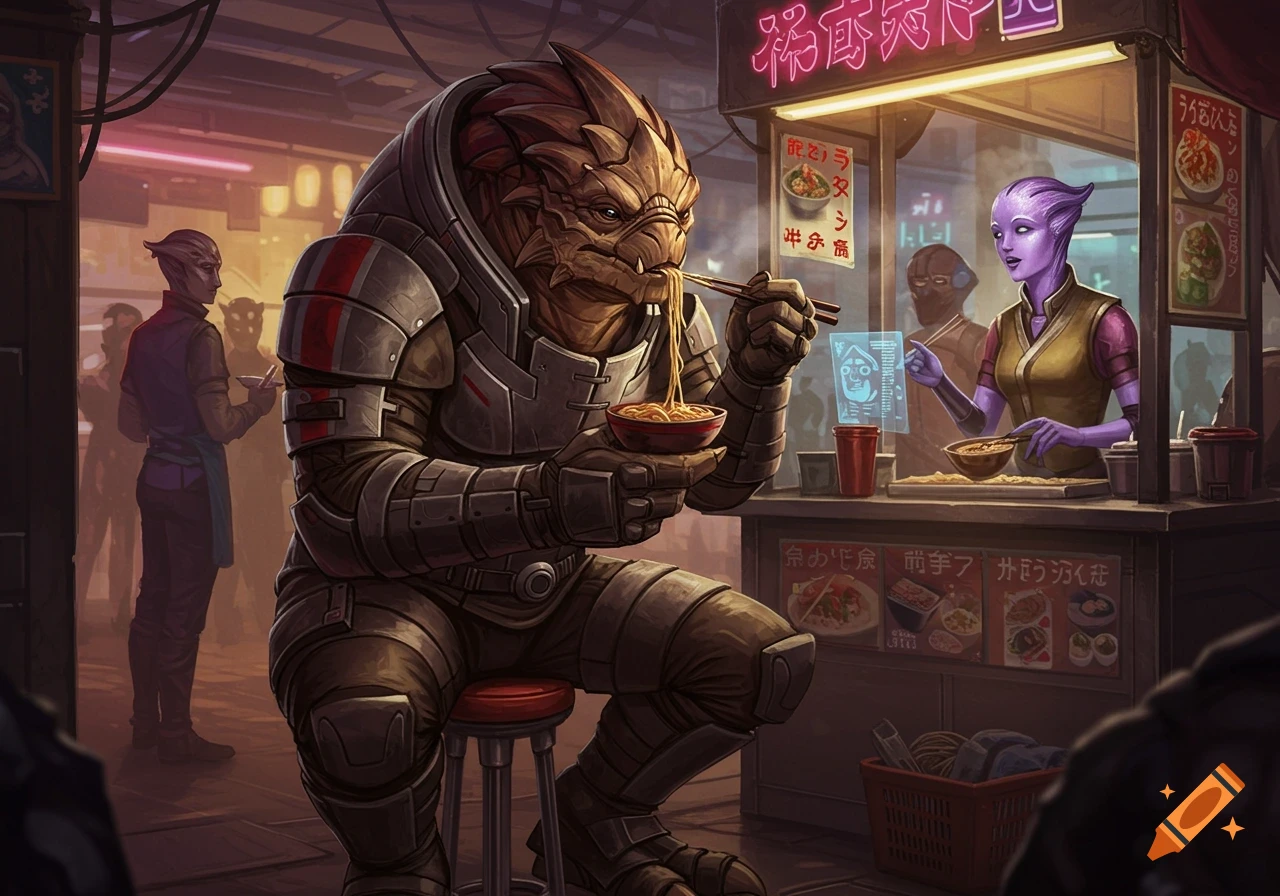 Urdnot Grunt eating noodles at a futuristic noodle stand while an Asari-like alien works behind the counter in a vibrant sci-fi city scene.