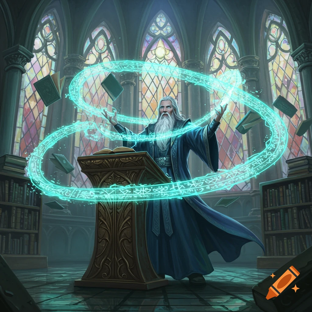 A white-bearded wizard in a blue robe casts a glowing blue spell, levitating books in a grand, stained-glass library.