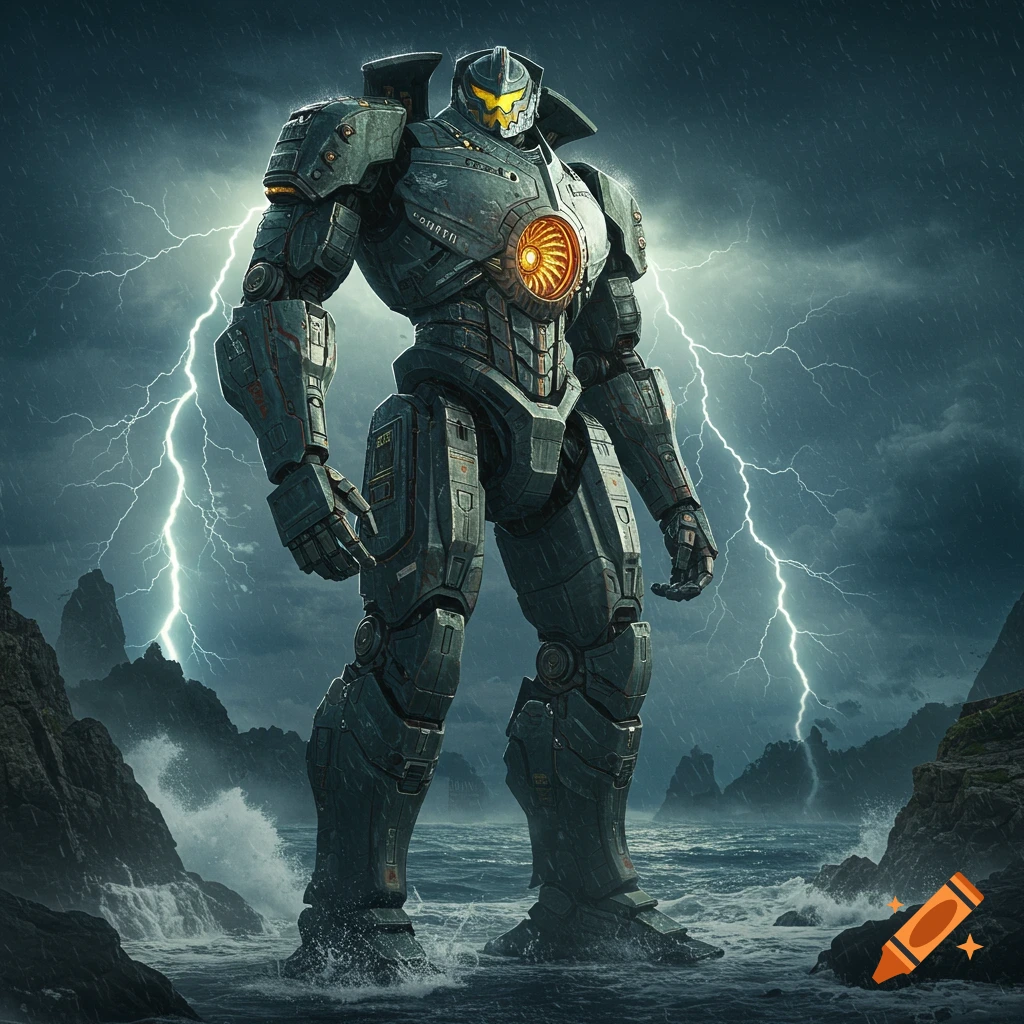 A massive grey robot with a glowing orange chest core stands in a stormy ocean with lightning striking in the background.