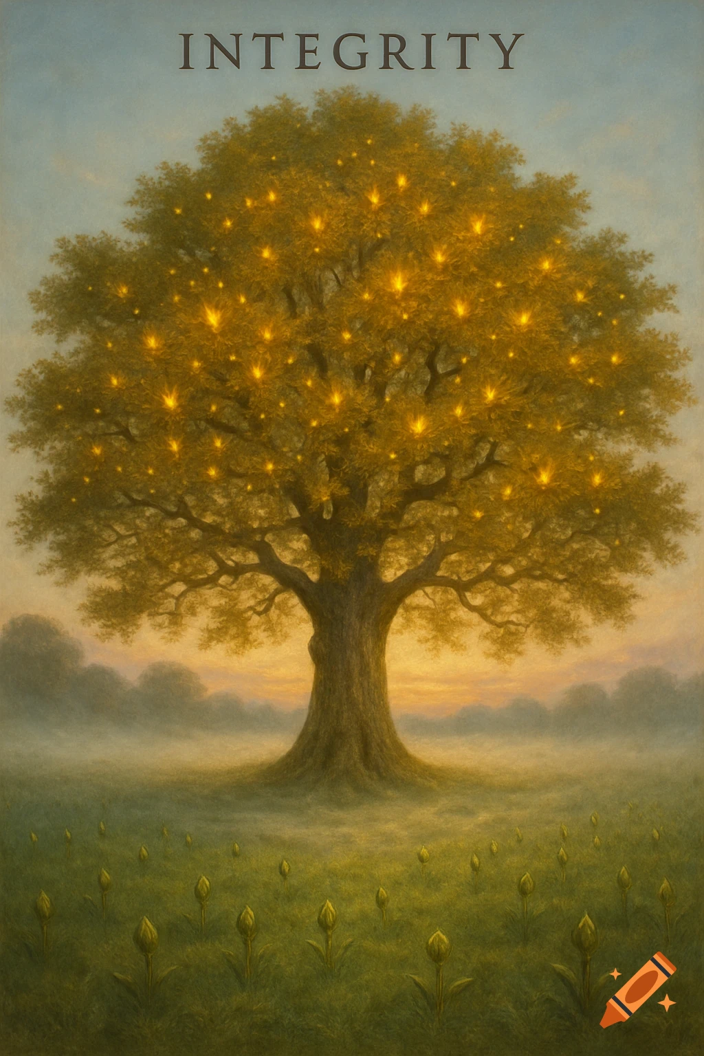 A large, ancient-looking tree with golden glowing leaves stands in a misty, grassy field at sunset. The word 'INTEGRITY' is at the top.