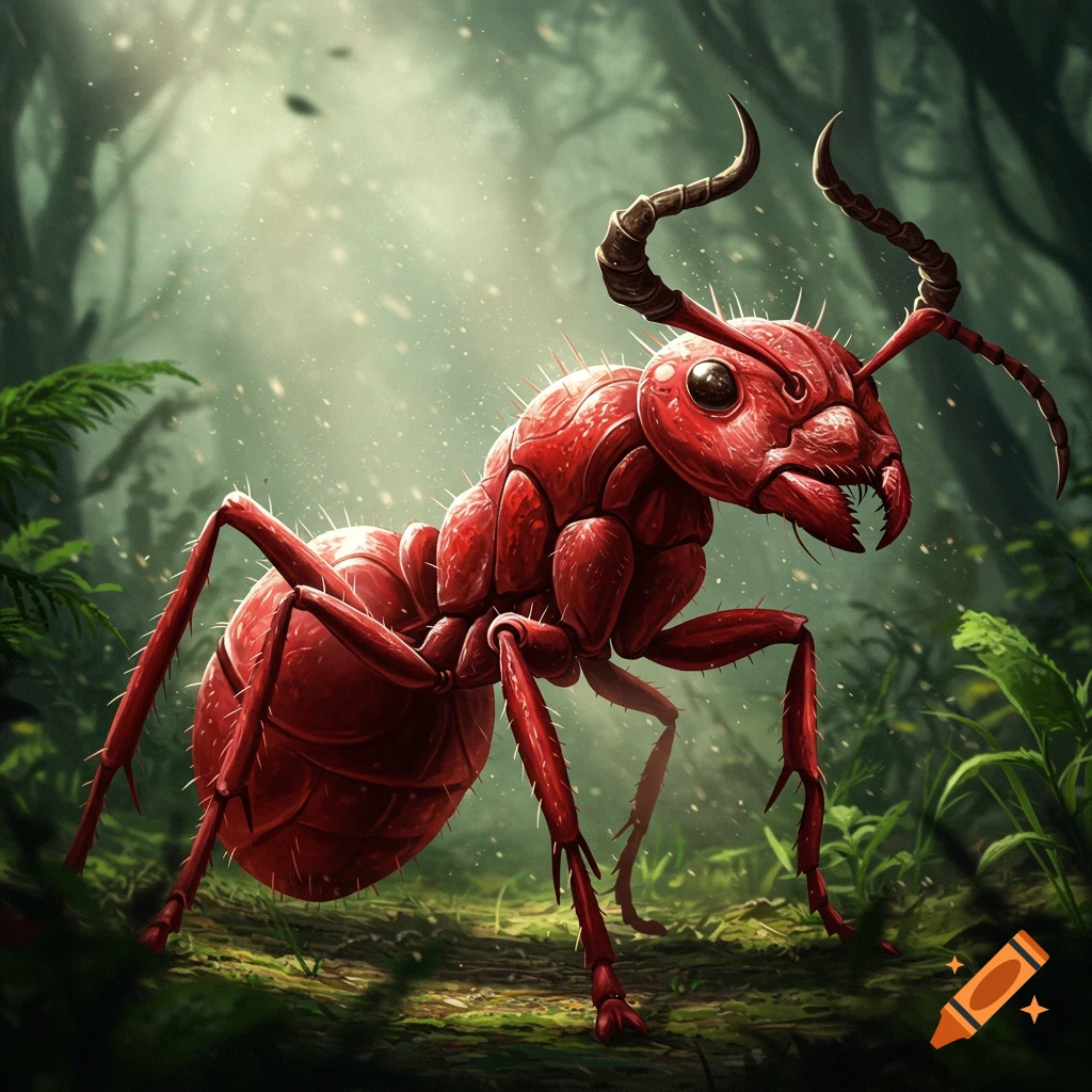 A large, muscular red ant with devil horns stands on the forest floor, surrounded by mist and plants.