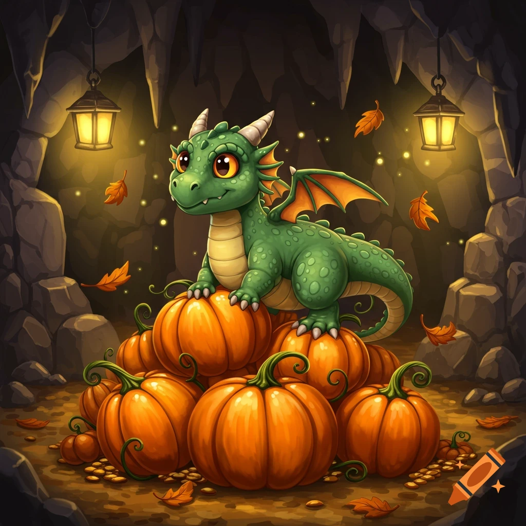 A cute green cartoon dragon sits atop a pile of orange pumpkins in a dimly lit cave with lanterns and autumn leaves.