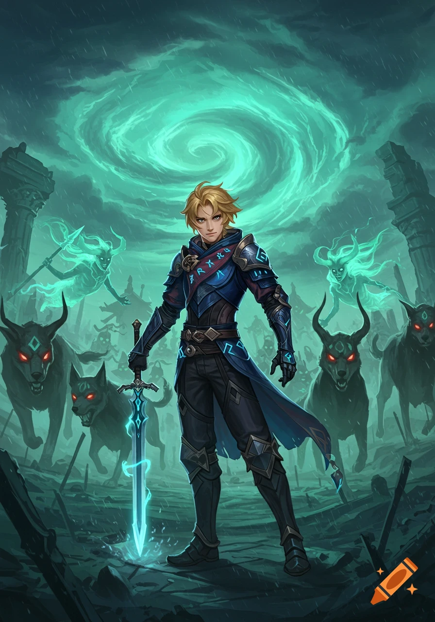A blonde fantasy warrior in blue and black armor holds a glowing sword, surrounded by red-eyed hellhounds and ghostly figures in dark ruins under a stormy green sky.
