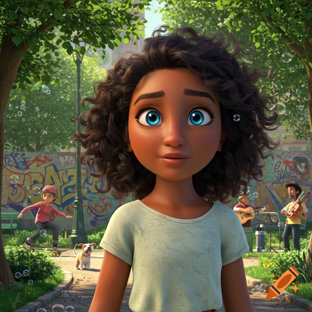 Animated Hispanic girl with blue eyes and curly hair in a park, with graffiti, people, a dog, and bubbles in the background.