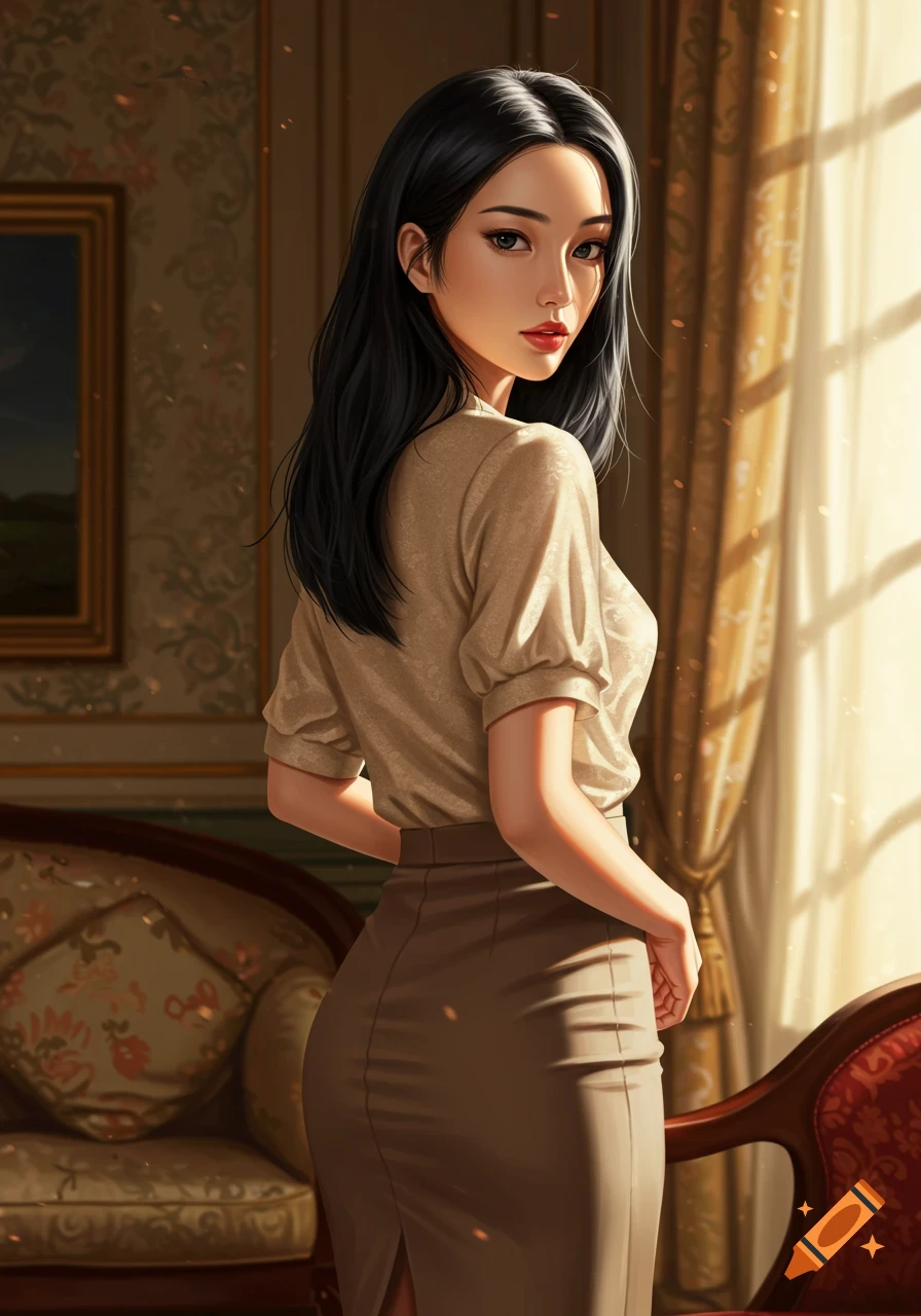 Stylized illustration of a woman with dark hair, wearing a beige blouse and brown pencil skirt, looking over her shoulder.