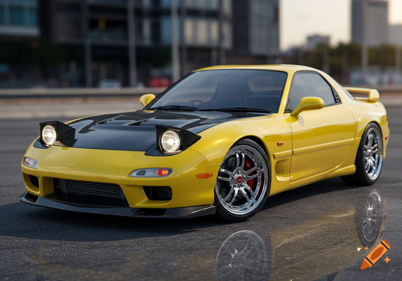 A glossy yellow 1993 Mazda RX-7 with a black carbon fiber hood, shot from a low, front 3/4 angle on asphalt.