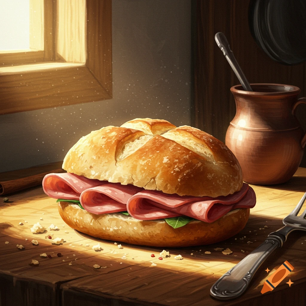 A delicious ham and lettuce sandwich on a rustic bun sits on a sunlit wooden table with a pottery jug and fork.