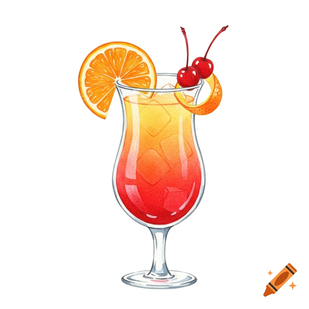 A vibrant watercolor illustration of a Tequila Sunrise cocktail, garnished with an orange slice, two cherries, and an orange peel swirl.