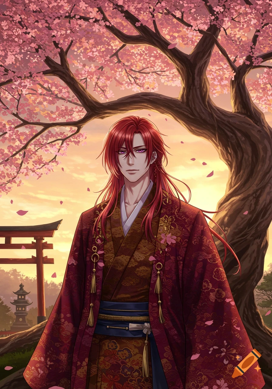 Anime man with long red hair and purple eyes in a burgundy kimono under a cherry tree at sunset, with a torii gate.