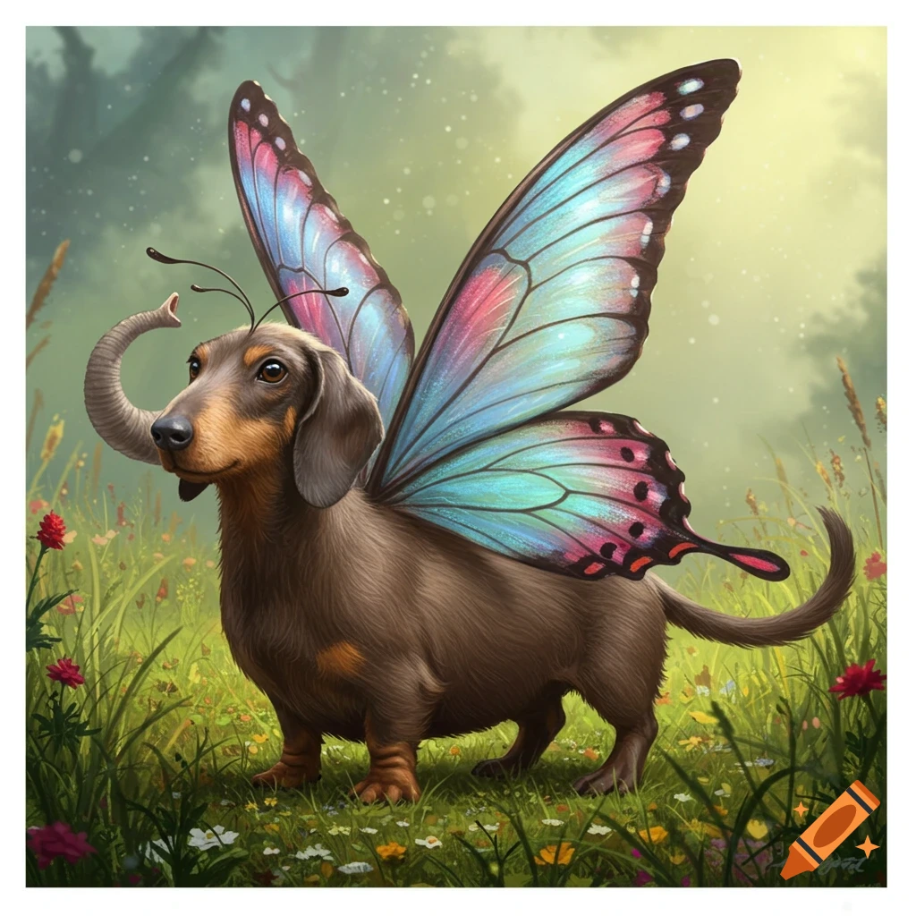An imaginary creature with a dachshund body, colorful butterfly wings, and an elephant trunk stands in a field of green grass and wildflowers.