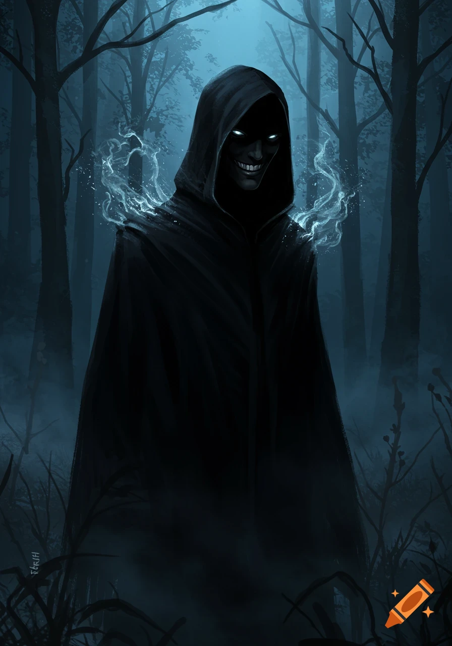 A dark, hooded figure with glowing white eyes and a sinister smile stands in a gloomy, misty forest with blue light.