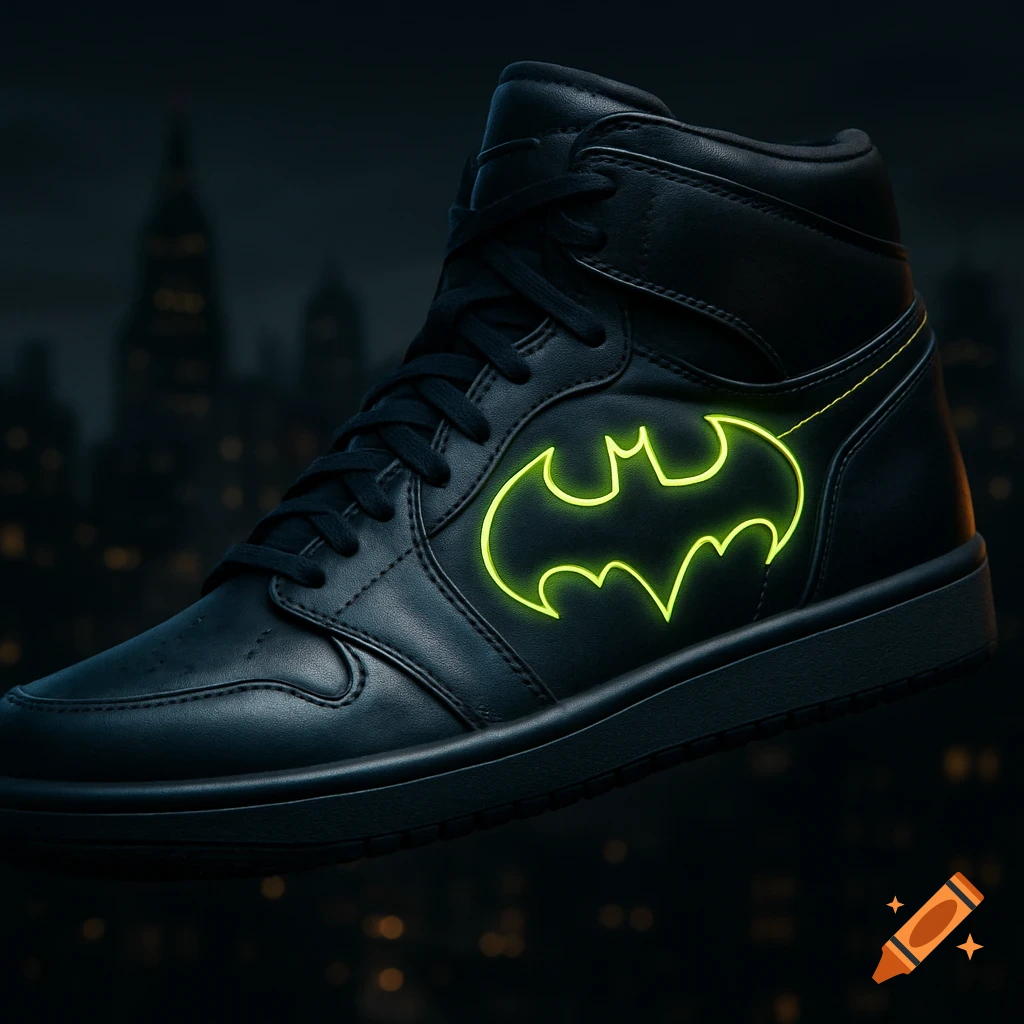 A black high-top sneaker with a neon green glowing Batman logo on its side, set against a dark, blurred city skyline.