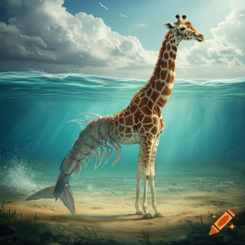 A photorealistic hybrid creature, half giraffe, half shrimp with a fish tail, standing in shallow ocean water under a sunny sky.