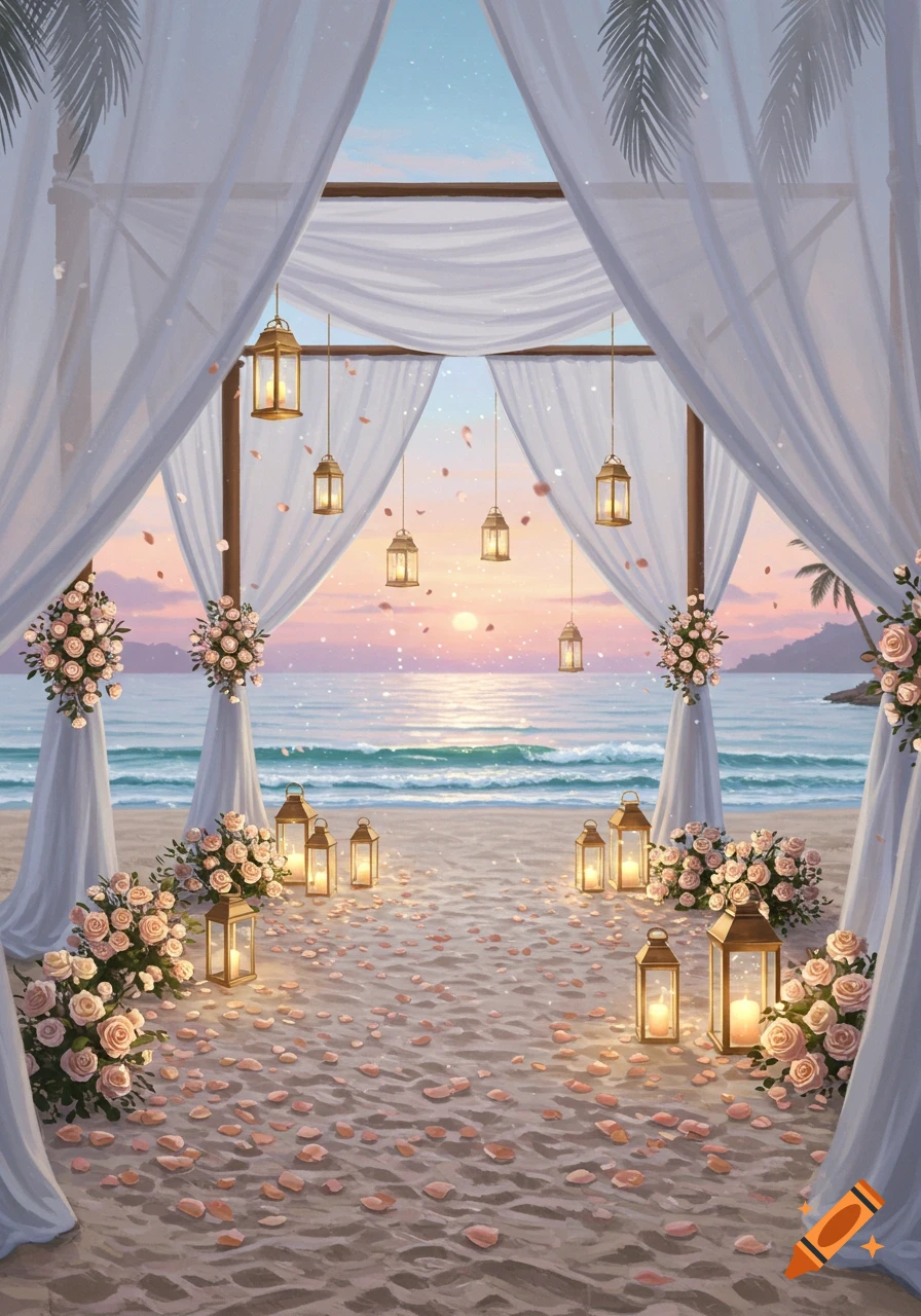 A picturesque beach wedding setup with white drapes, pink roses, lanterns, and scattered petals on sand at sunset by the ocean.
