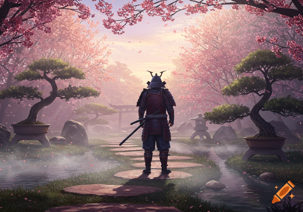 A samurai in full armor stands on a stone path in a misty Japanese garden filled with blooming pink cherry blossom trees and bonsai.