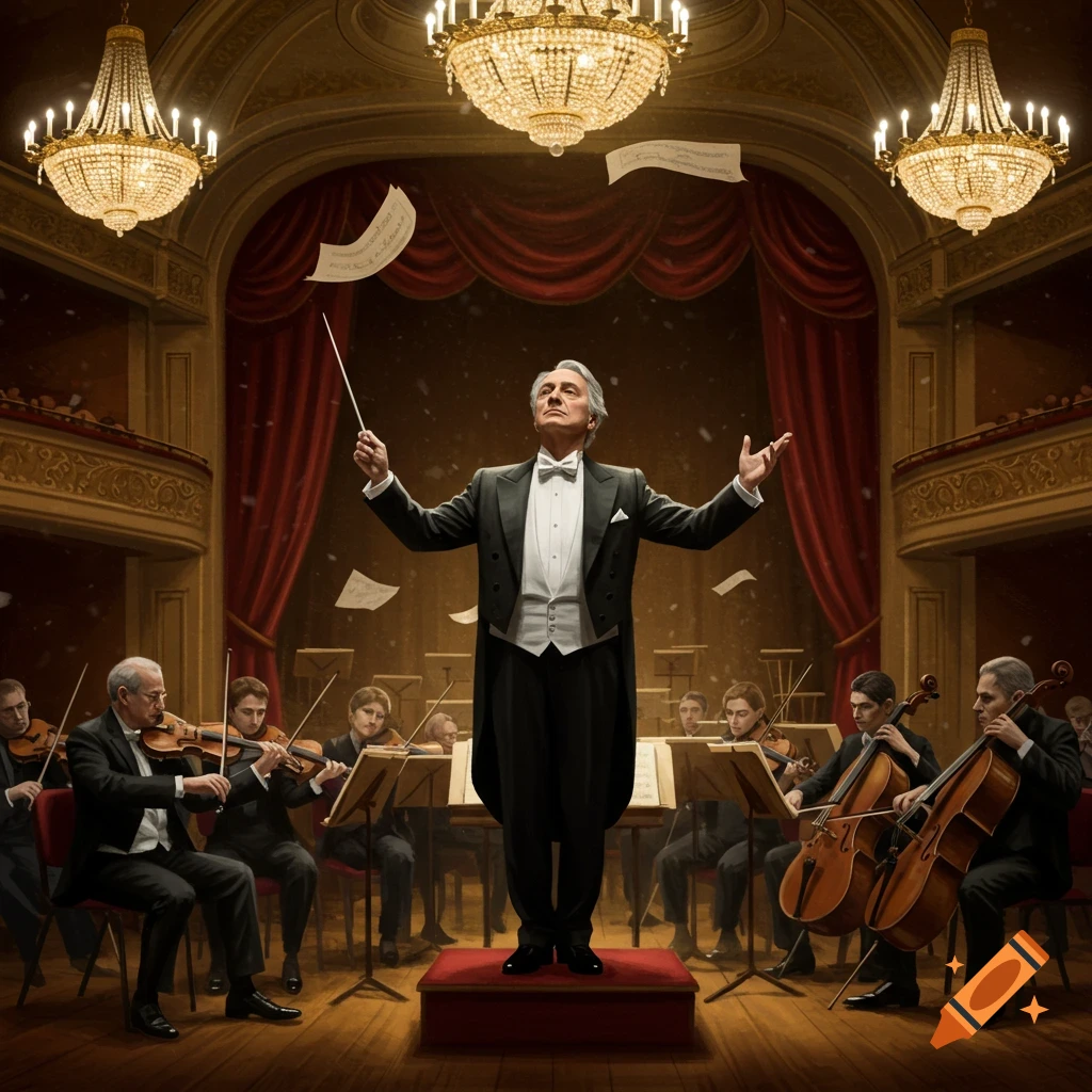 A conductor in a tuxedo leads an orchestra on stage in a grand concert hall with chandeliers, as sheet music falls.
