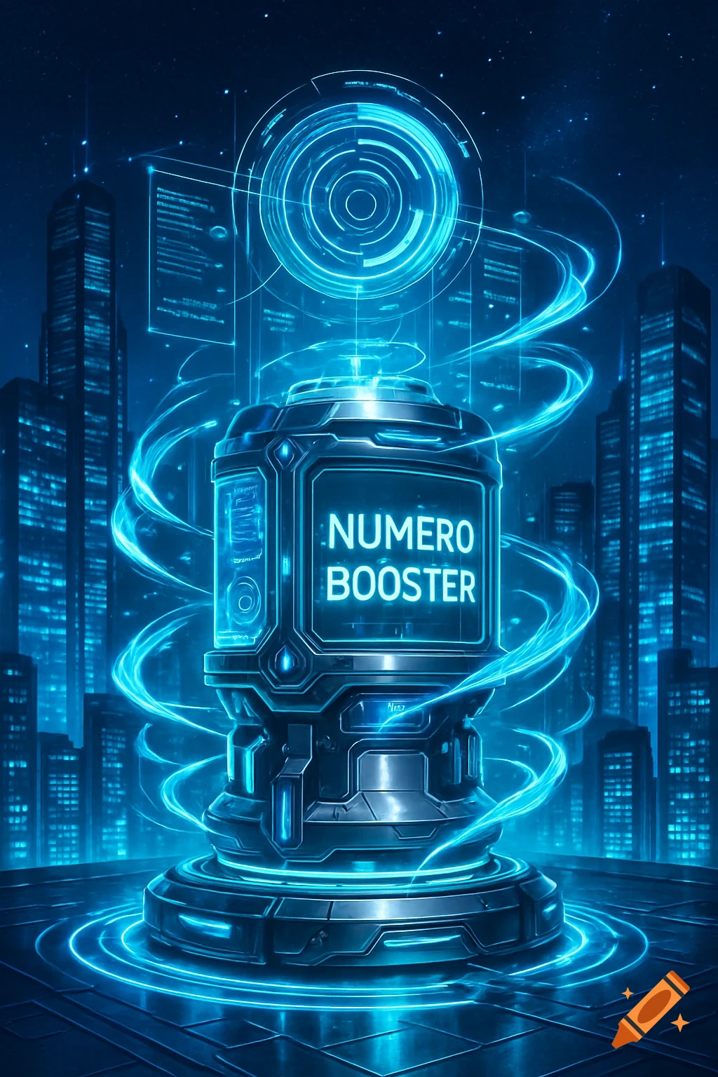 A glowing blue and silver futuristic device labeled "NUMERO BOOSTER" stands on a platform with energy rings, surrounded by blue-lit skyscrapers and a starry night sky.