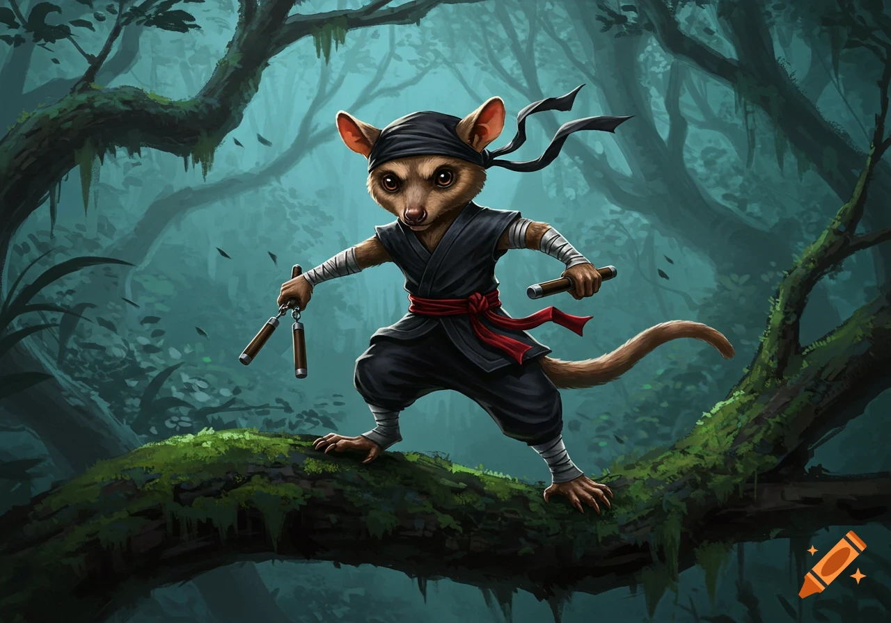 A cartoonish possum dressed as a ninja stands on a mossy branch in a misty forest, holding nunchaku.