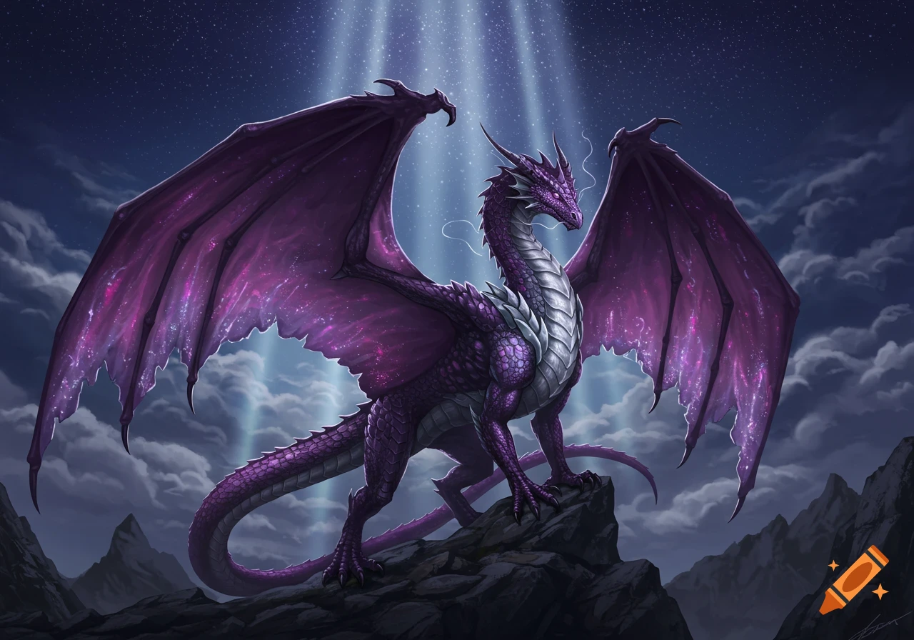 A majestic purple and silver dragon with large wings stands on a rocky peak under a starry night sky with clouds and light beams.