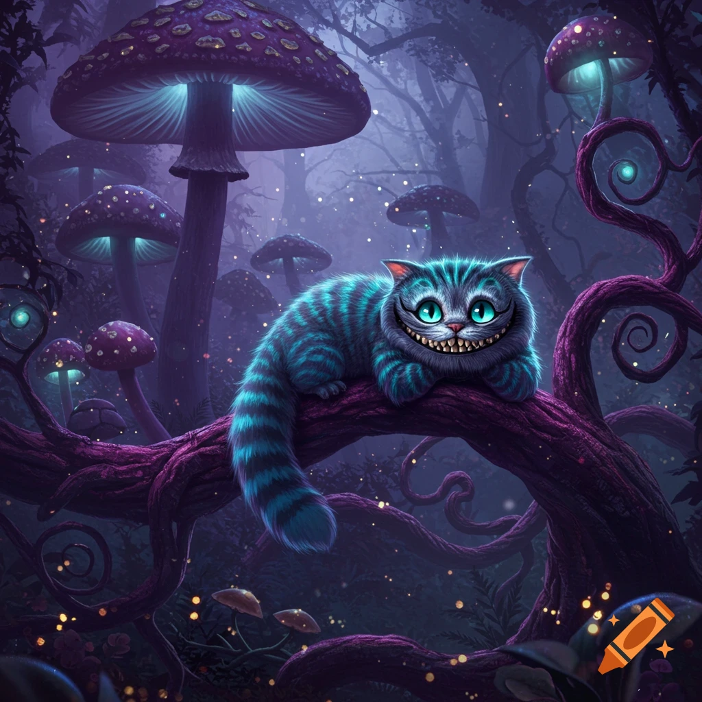 A grinning Cheshire Cat with teal and dark blue stripes rests on a purple branch in a mystical forest with glowing mushrooms.