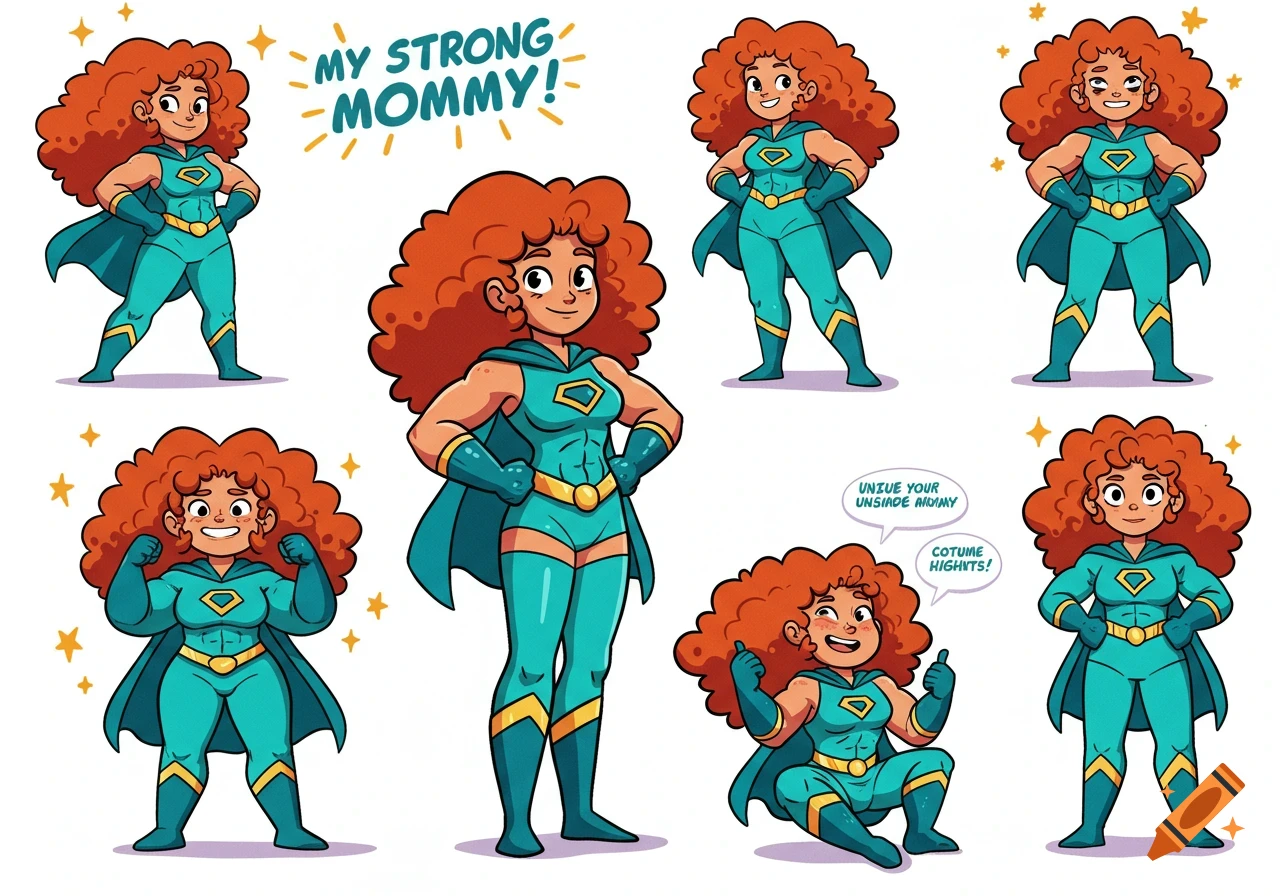 Cartoon model sheet of a smiling superhero mommy with curly red hair and a teal suit, posing in various stances on a white background, with text "MY STRONG MOMMY!"