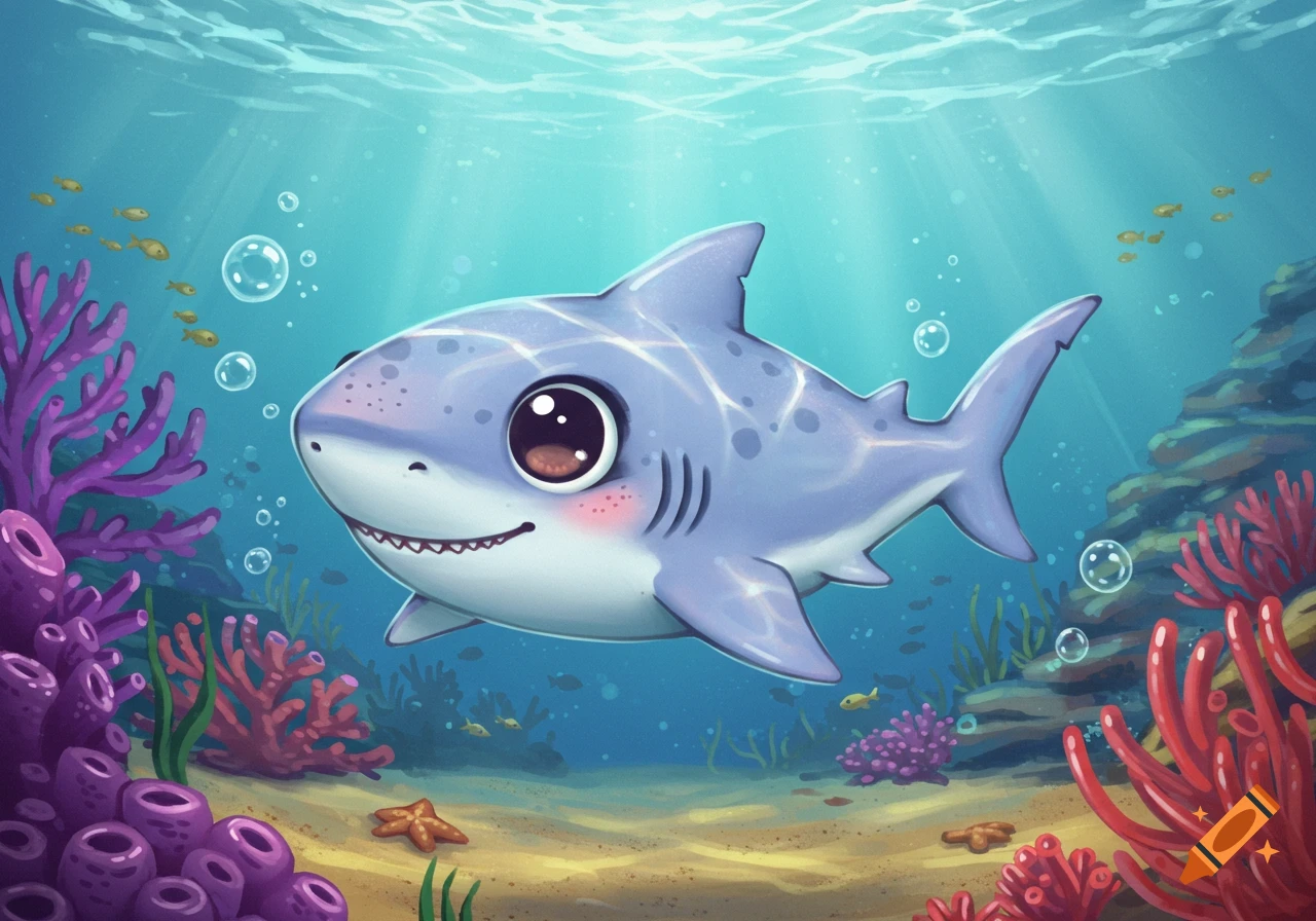 A cute cartoon shark with big eyes swims underwater among colorful coral, small fish, and sun rays.