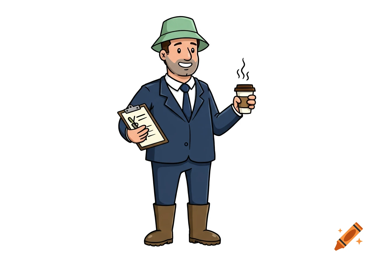 A smiling cartoon man in a suit, bucket hat, and rubber boots holds a clipboard and a coffee cup.