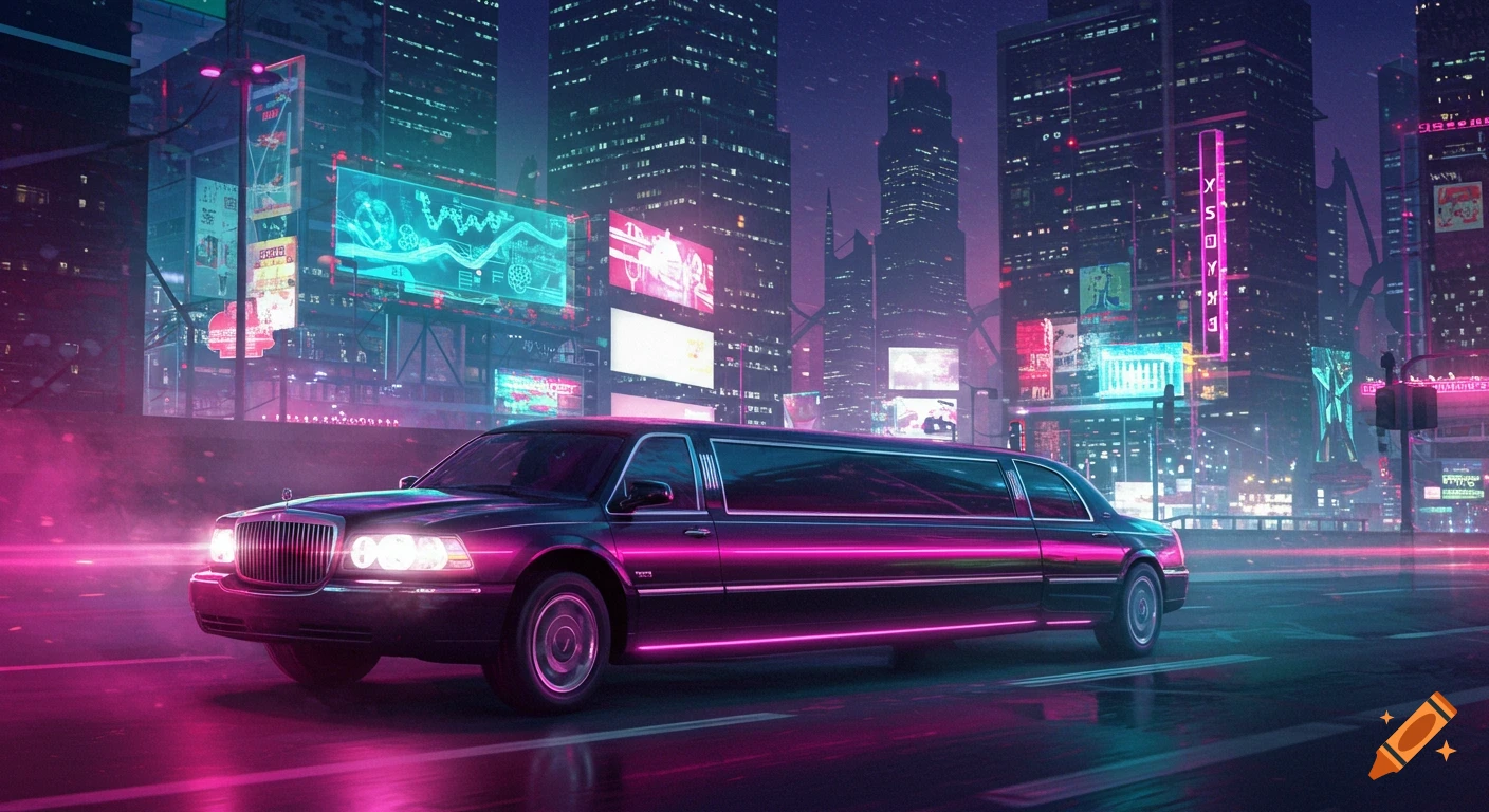 A sleek black limousine drives down a street in a vibrant neon-lit cyberpunk city at night.