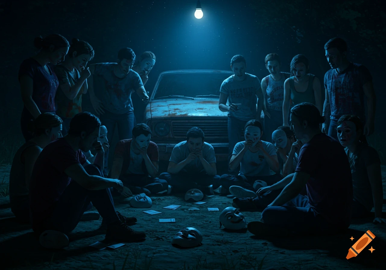 A group of people, some in masks, gathered in a circle on the ground at night under a single light bulb, playing a game around an old car in the background, photorealistic style.