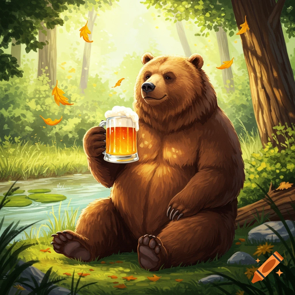 A cartoon brown bear sits by a stream in a sunny forest, holding a frothy mug of beer as autumn leaves fall.