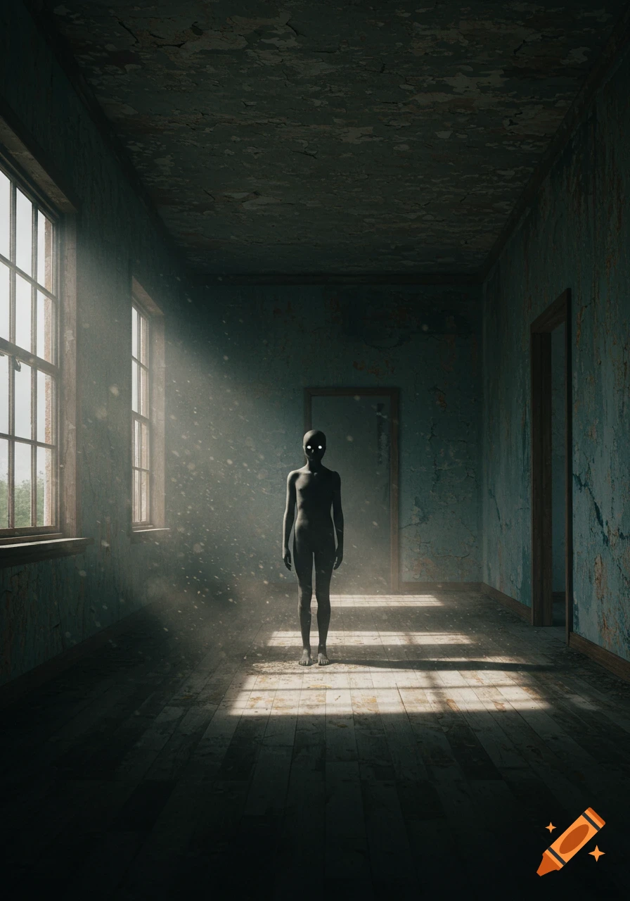 Eerie photorealistic image of a shadowy humanoid figure with glowing eyes standing in a dusty, derelict hallway with sunlight.